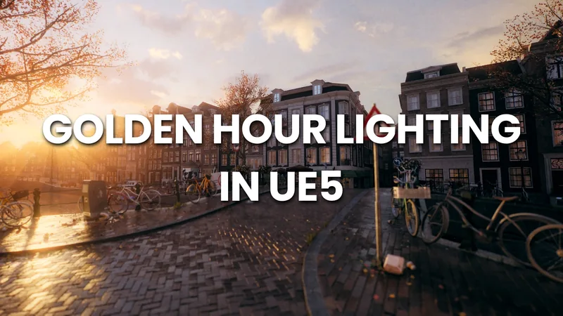 Golden hour sunlight across a canal street scene lit in Unreal Engine 5